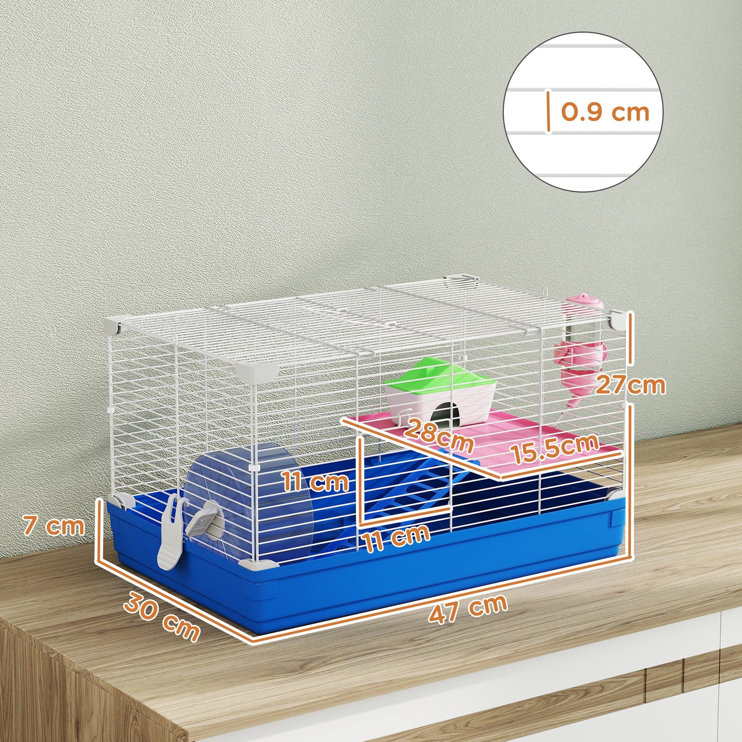 Hamster Cage, Small Gerbil Cage 2 Tiers Portable w/ Handle, Exercise Wheel, Water Bottle, Dishes, Blue