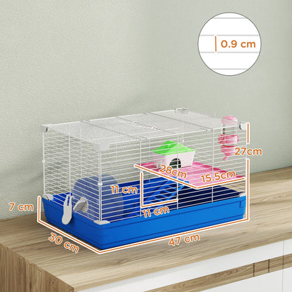 Hamster Cage, Small Gerbil Cage 2 Tiers Portable w/ Handle, Exercise Wheel, Water Bottle, Dishes, Blue