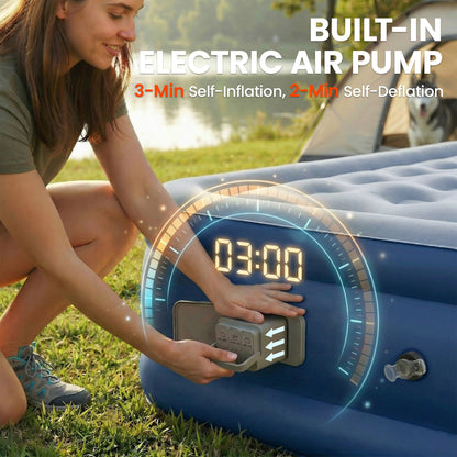 Inflatable Mattress, Double Air Bed with Built-in Electric Pump, 3 Mins Inflation, Flocked Surface, Grey