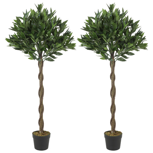 Artificial Bay Laurel Topiary Trees with Twisted Trunk, Realistic Lush Topiary Ball Tree with Weighted Pot, Set of 2