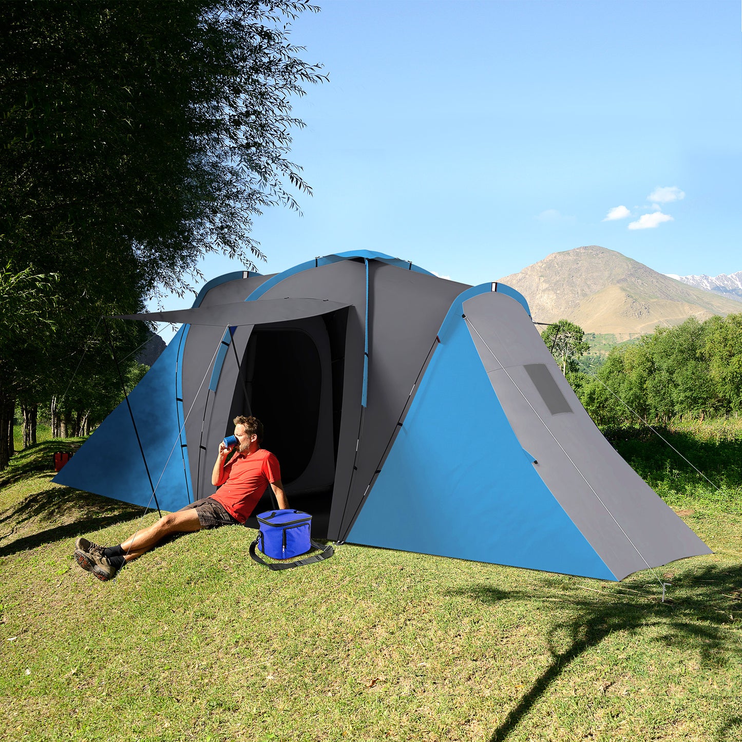 Large Camping Tent Tunnel Tent with 2 Bedroom and Living Area, 2000mm Waterproof, Portable with Bag for 4 Man, Blue