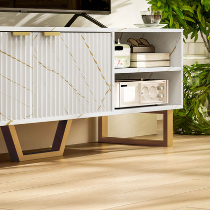 Marble Effect TV Unit, Modern TV Stand Cabinet for up to 70" TVs, with Shelves and Storage Cupboard, Fluted Door