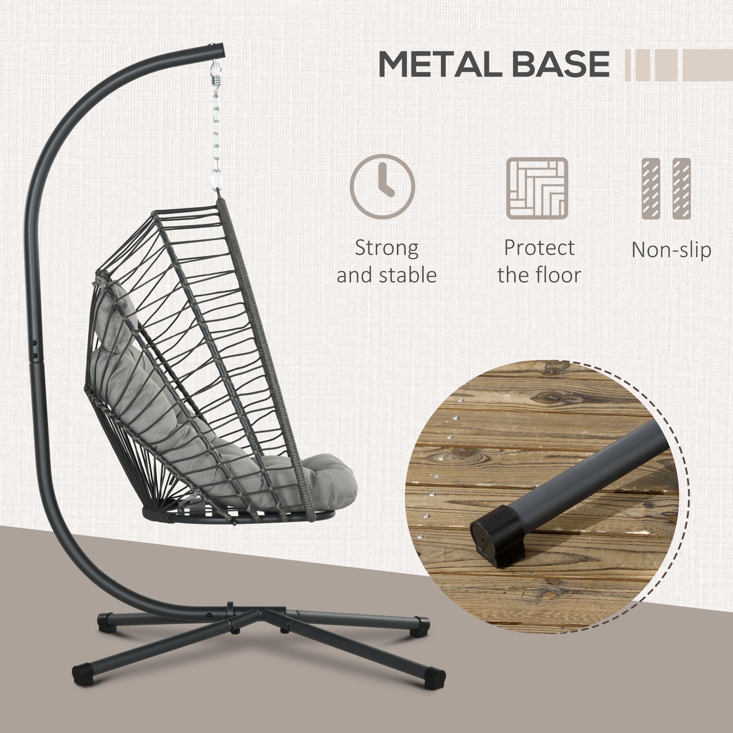 Outdoor PE Rattan Swing Chair with Foldable Basket and Cushion, Garden Patio Hanging Egg Chair with Metal Stand