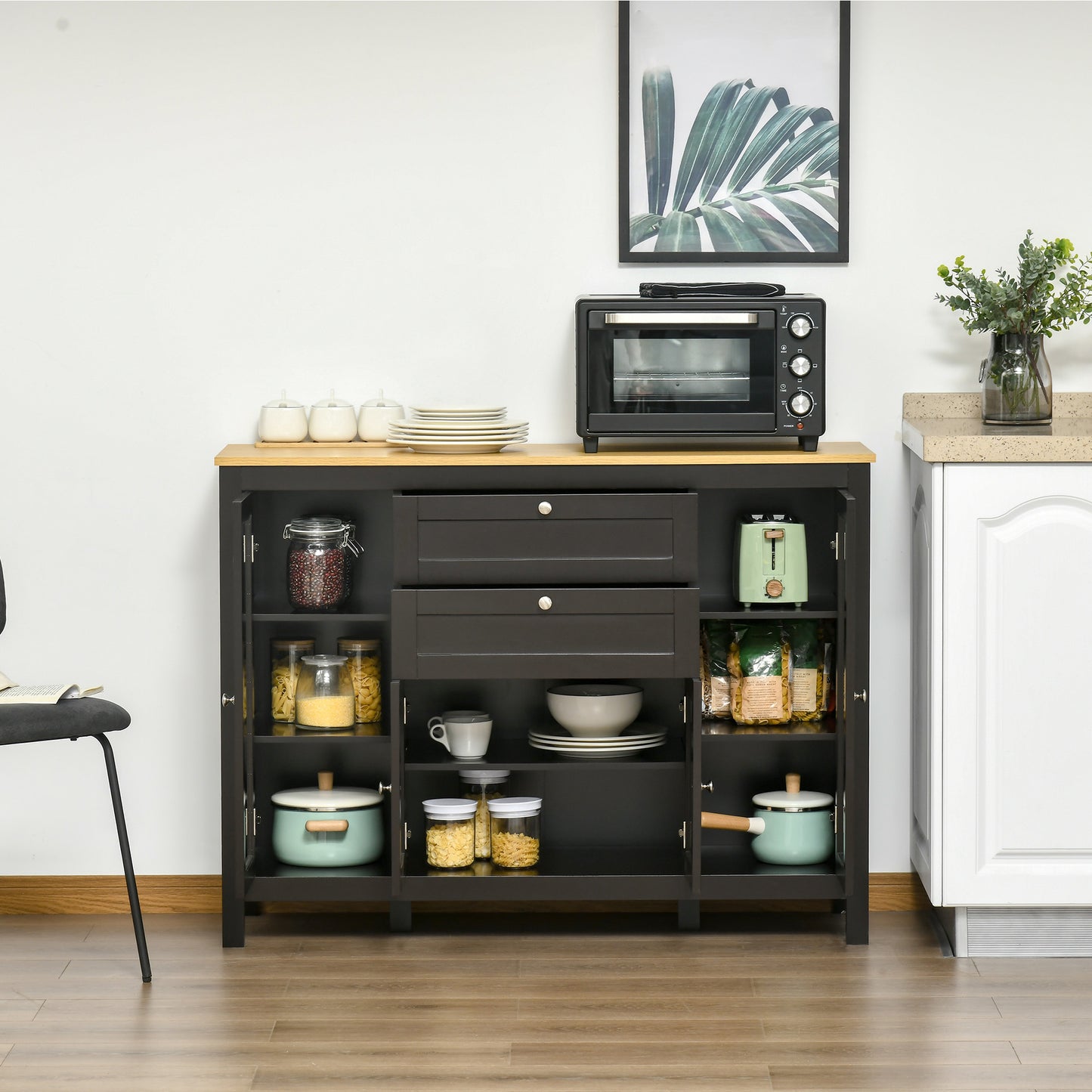 Modern Storage Cabinet, Sideboard with Oak Top, 4 Doors, 2 Drawers and 5 Adjustable Shelves, Black Brown