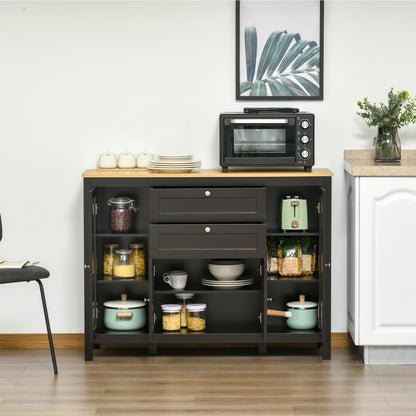 Modern Storage Cabinet, Sideboard with Oak Top, 4 Doors, 2 Drawers and 5 Adjustable Shelves, Black Brown
