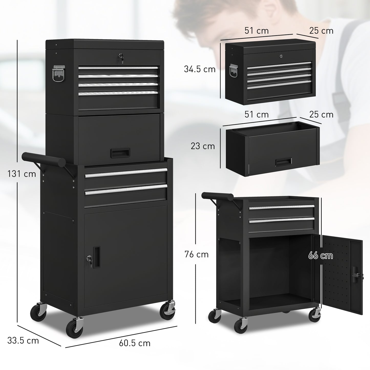 Three-Part Steel Locking Tool Chest - Black