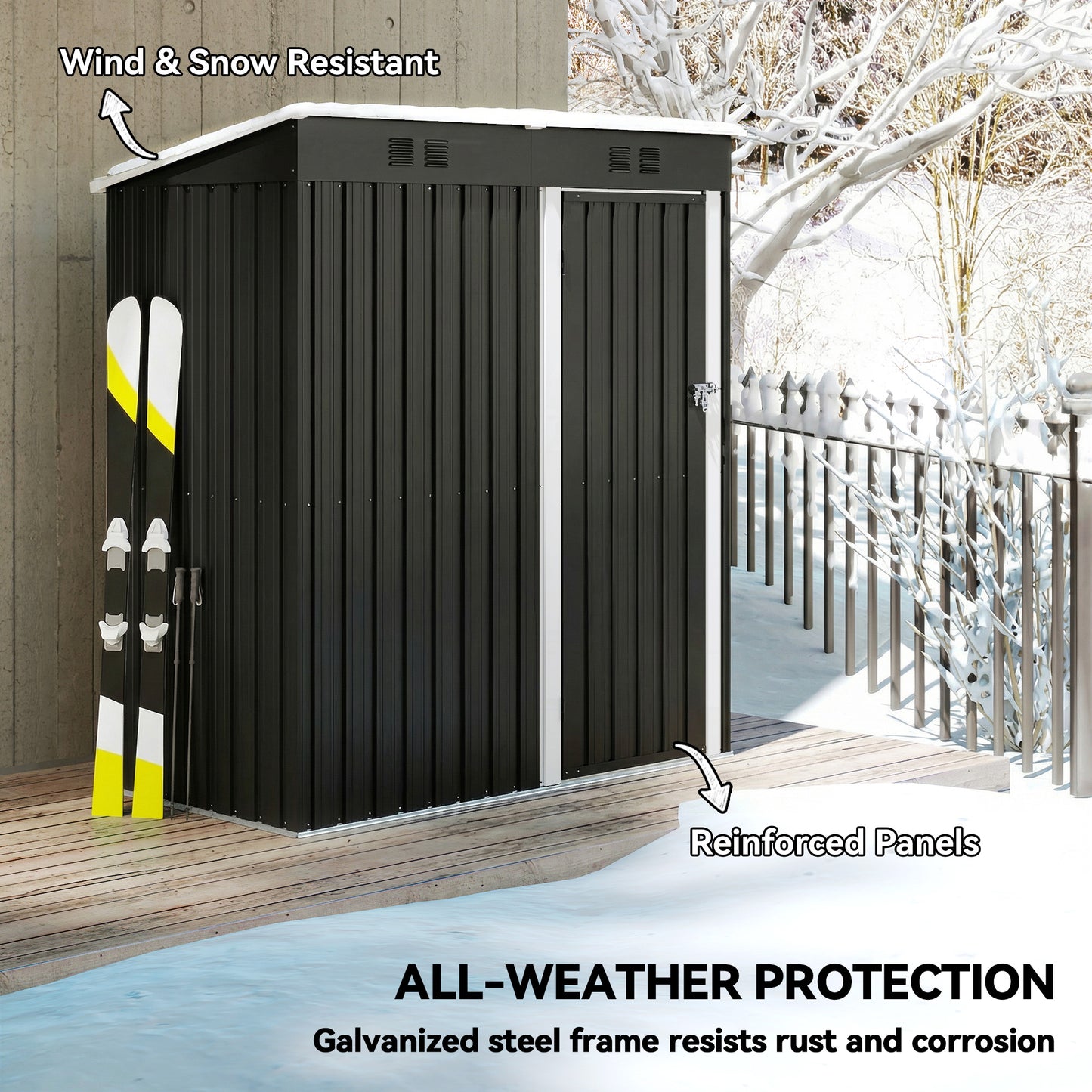 5 x 3 ft Lean-to Garden Shed, Outdoor Storage Shed with Lockable Door and Vents, Dark Grey