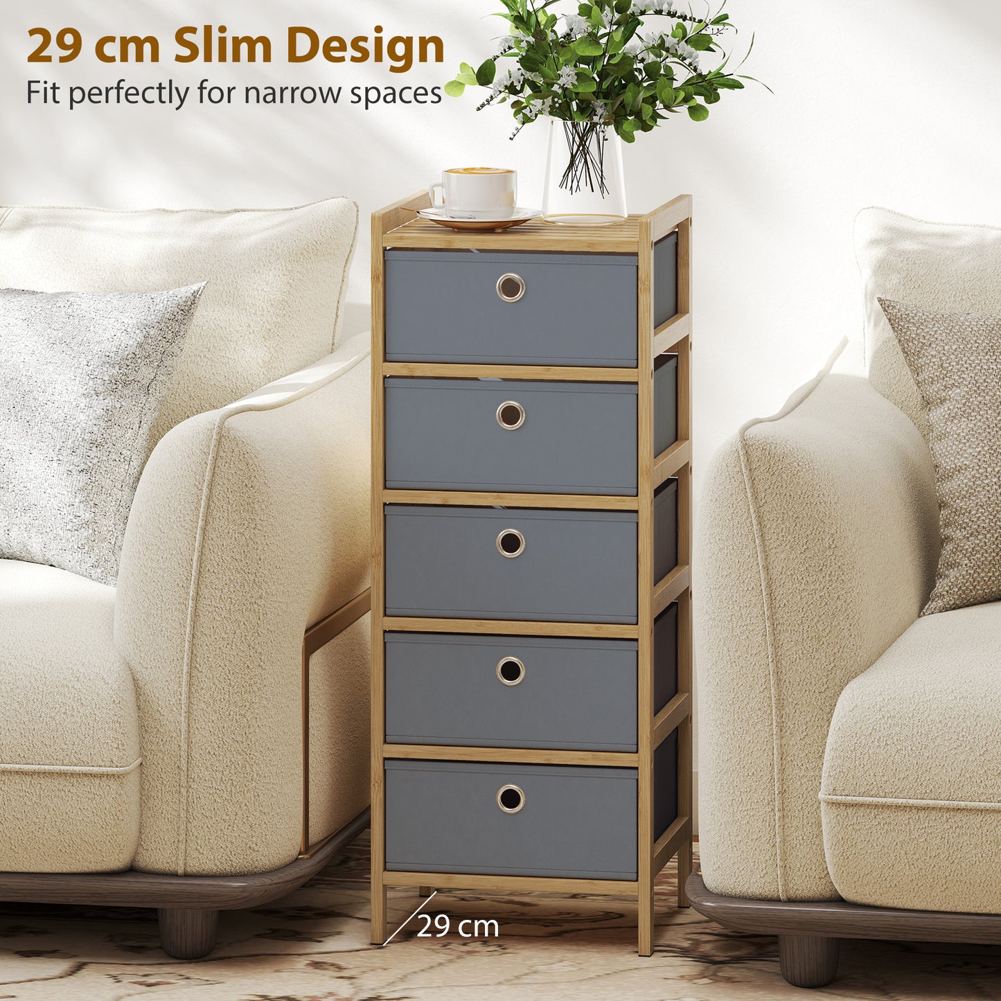 Chest of Drawers, 5 Fabric Drawers Narrow Dresser with Bamboo Frame, Light Grey