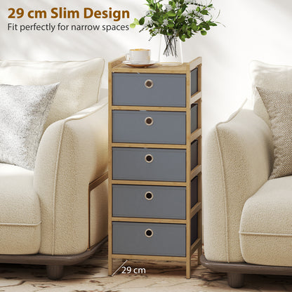 Chest of Drawers, 5 Fabric Drawers Narrow Dresser with Bamboo Frame, Light Grey