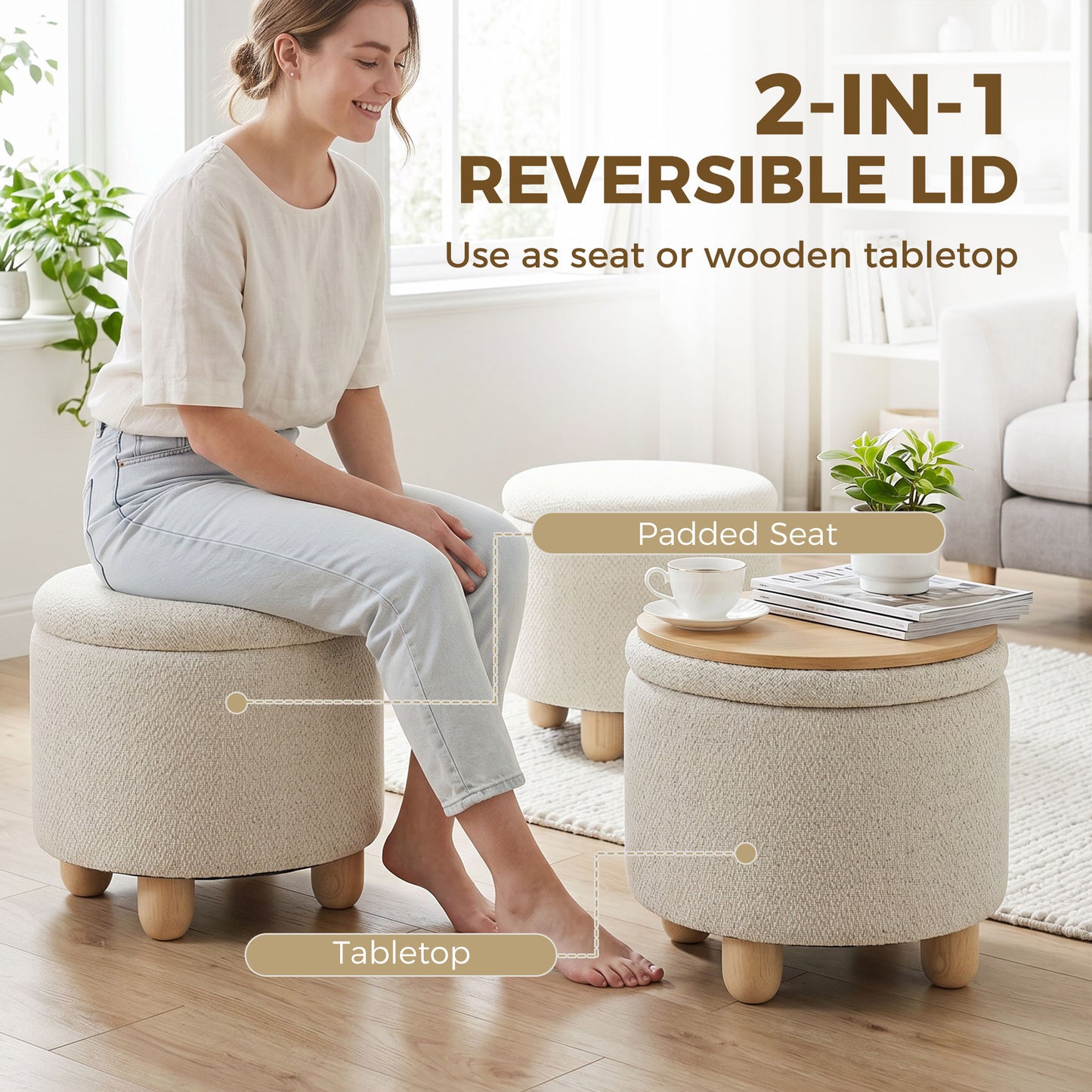 Storage Sitting Bench with Lid, Round Storage Ottoman with Rubberwood Legs, Beige