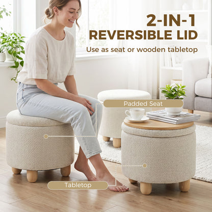 Storage Sitting Bench with Lid, Round Storage Ottoman with Rubberwood Legs, Beige