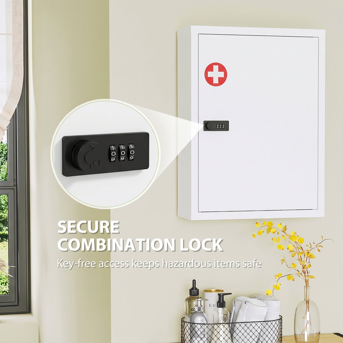 Wall Mount Medicine Cabinet, Bathroom Cabinet with Combination Lock, Door and Storage Shelves, White
