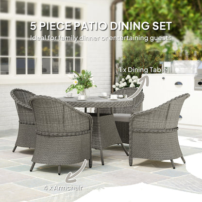 4 Seater Rattan Garden Furniture Set with Cushions, Round PE Rattan Dining Set with Glass-Top Table, Umbrella Hole
