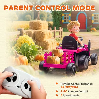 12V Ride on Tractor and Trailer with Remote Control, Music, Shifter, Start-Up Sound, for Kids Ages 3-8 Years, Pink