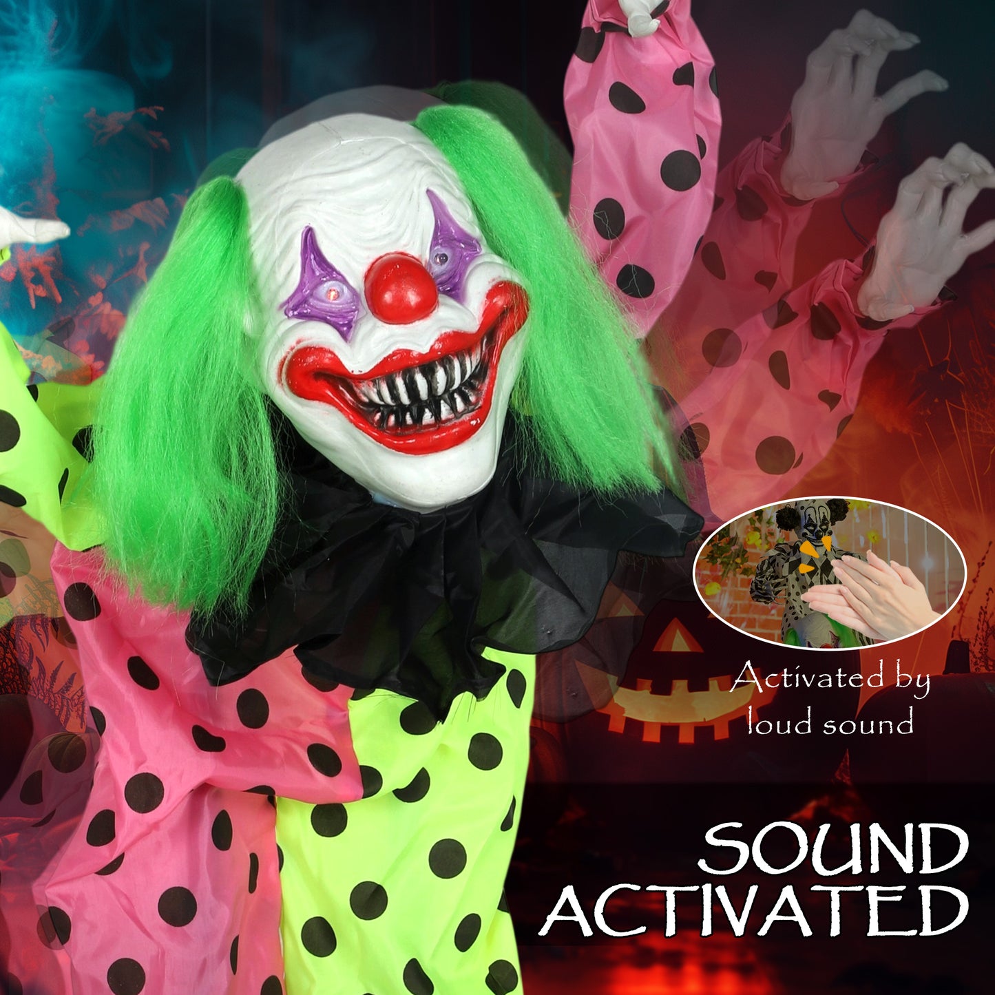 Life Size Stackable Halloween Animated Clown with Red Light Up Eyes, Sound Activated Scary Halloween Decorations