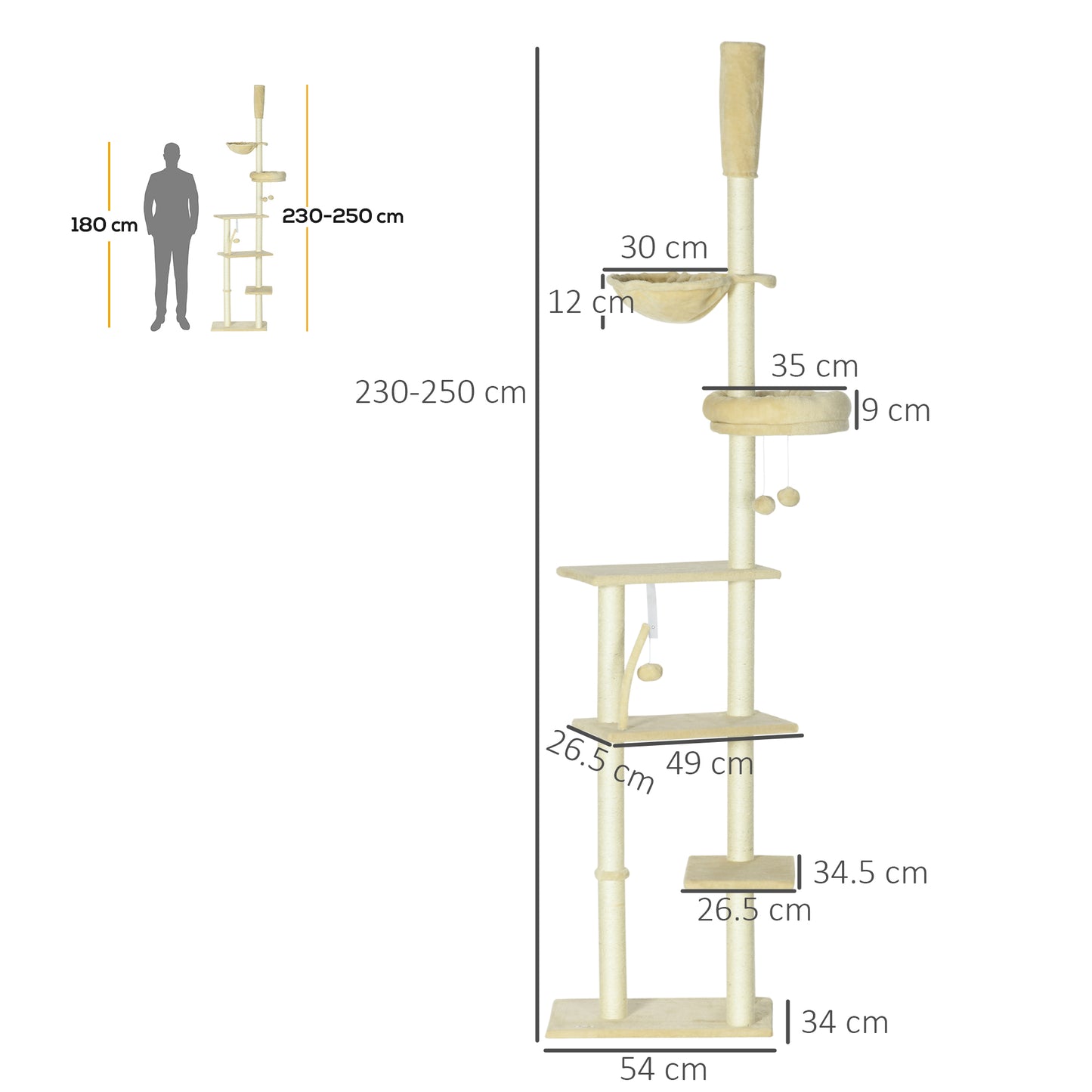 230-250cm Floor-to-Ceiling Climbing Cat Tree Tower - Beige