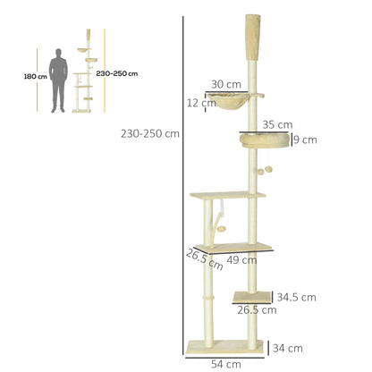 230-250cm Floor-to-Ceiling Climbing Cat Tree Tower - Beige