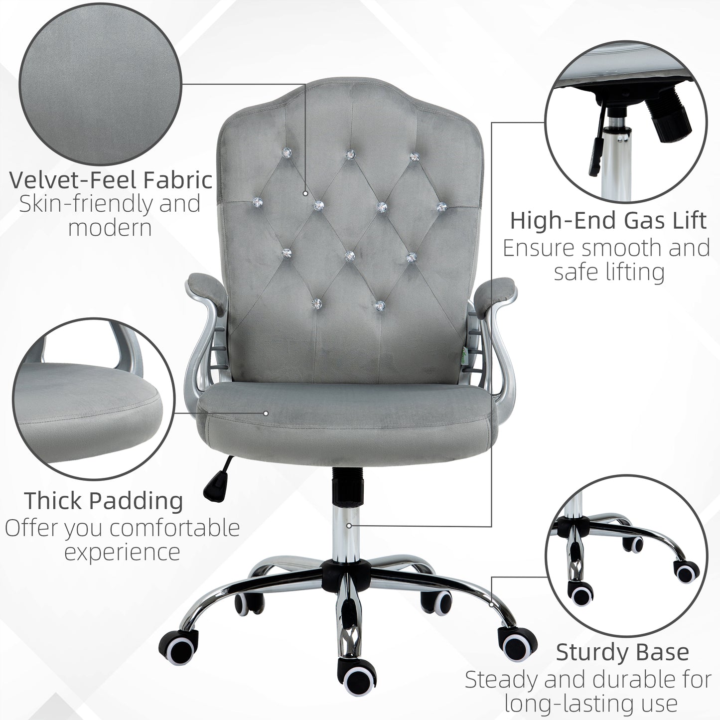 Velvet-Feel Work Chair, with Diamante Back - Grey