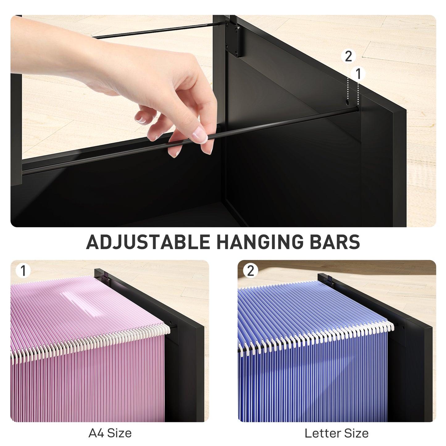 2 Drawer Filing Cabinet with Lock, Office Storage Cabinet with Adjustable Hanging Bars for A4 Letter Size Files, Black