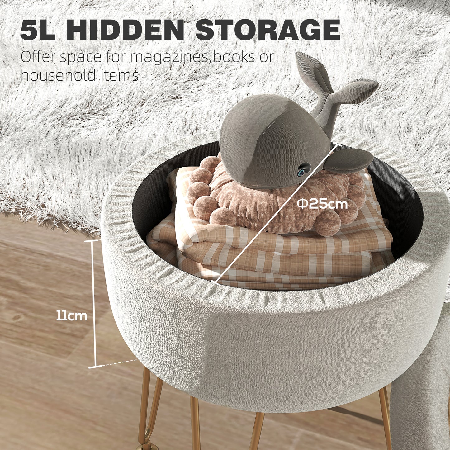 5L Velvet-Feel Storage Ottoman - Cream White
