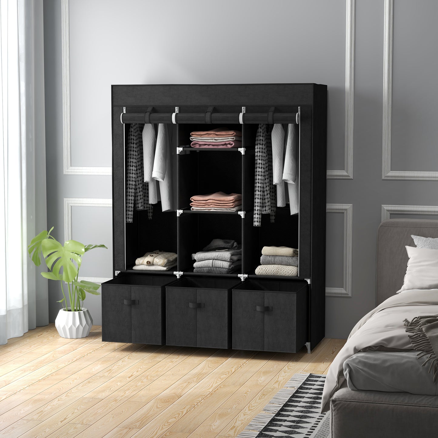 Foldable Fabric Wardrobe for Bedroom, Portable Wardrobe with 5 Shelves, 2 Hanging Rails and 3 Fabric Drawers, Black