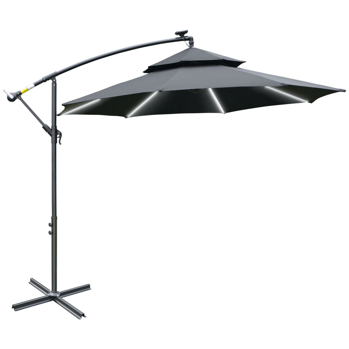 3(m) Cantilever Banana Parasol Hanging Umbrella with LED Solar lights, Crank, 8 Sturdy Ribs and Cross Base for Outdoor