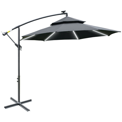 3(m) Cantilever Banana Parasol Hanging Umbrella with LED Solar lights, Crank, 8 Sturdy Ribs and Cross Base for Outdoor