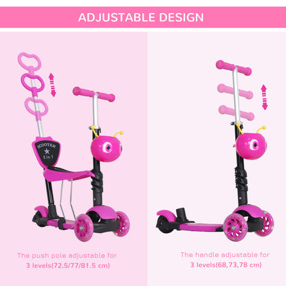 Adjustable Kids Toddler Scooter, with Removable Seat, Back Handle, Pink