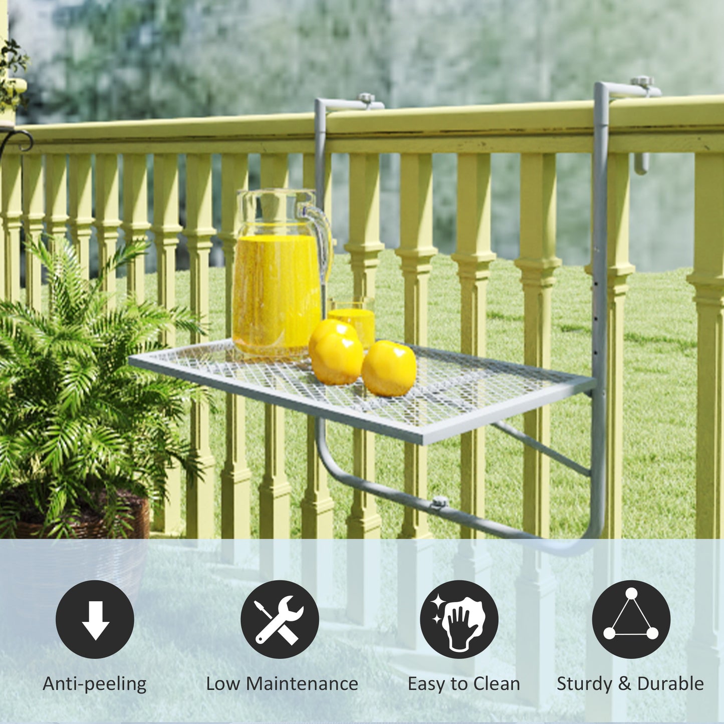 Balcony Hanging Table, Metal Wall Mount Desk, Adjustable Folding Balcony Deck Table for Patio and Garden, Grey
