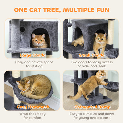 160cm Large Cat Tree Tower with Sisal Scratching Posts, Condos, Plush Perches, Hammock, Ladder, Dark Grey