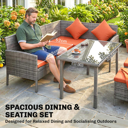 6-Seater Rattan Dining Set Sofa Table Footstool Outdoor w/ Cushion Garden Furniture, Orange