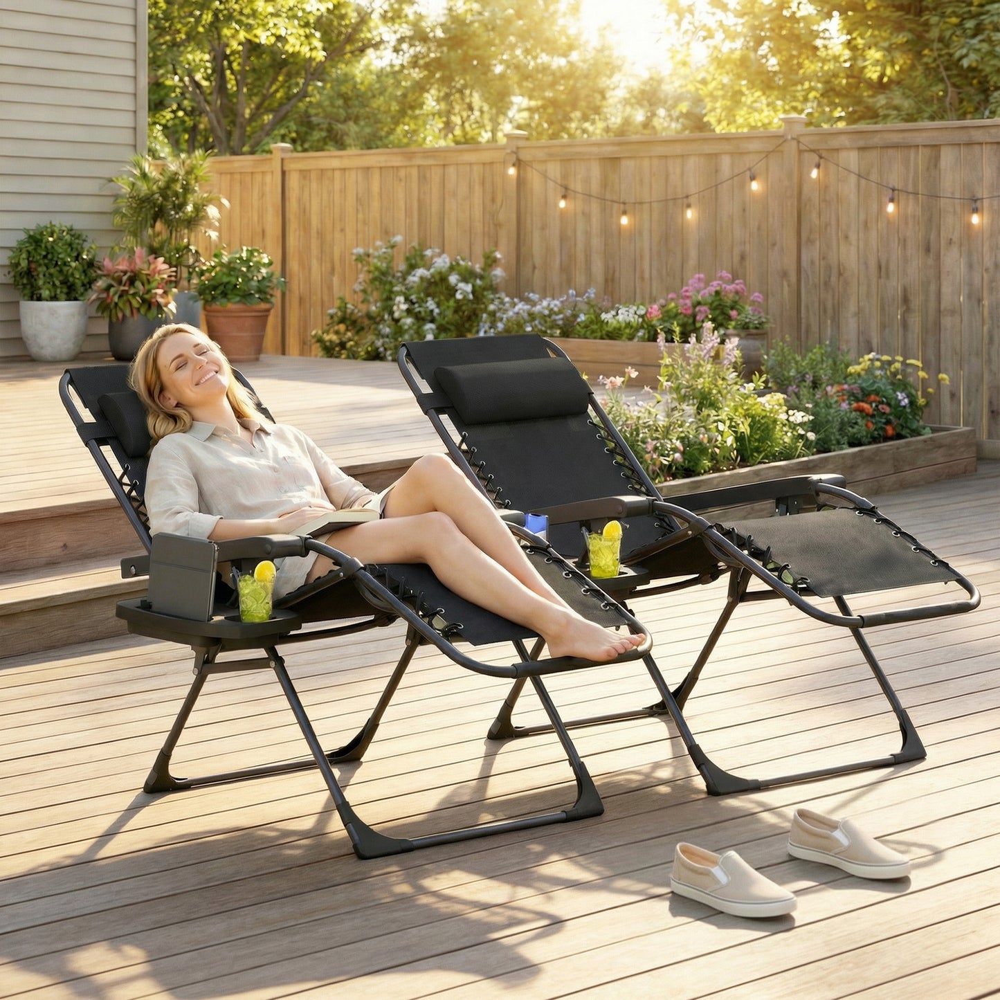 Zero Gravity Chairs Set of 2, Folding Sunloungers Reclining Garden Chairs with Cup Holder, Headrest, Black