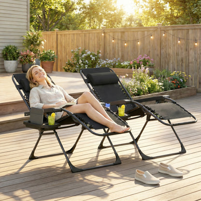 Zero Gravity Chairs Set of 2, Folding Sunloungers Reclining Garden Chairs with Cup Holder, Headrest, Black