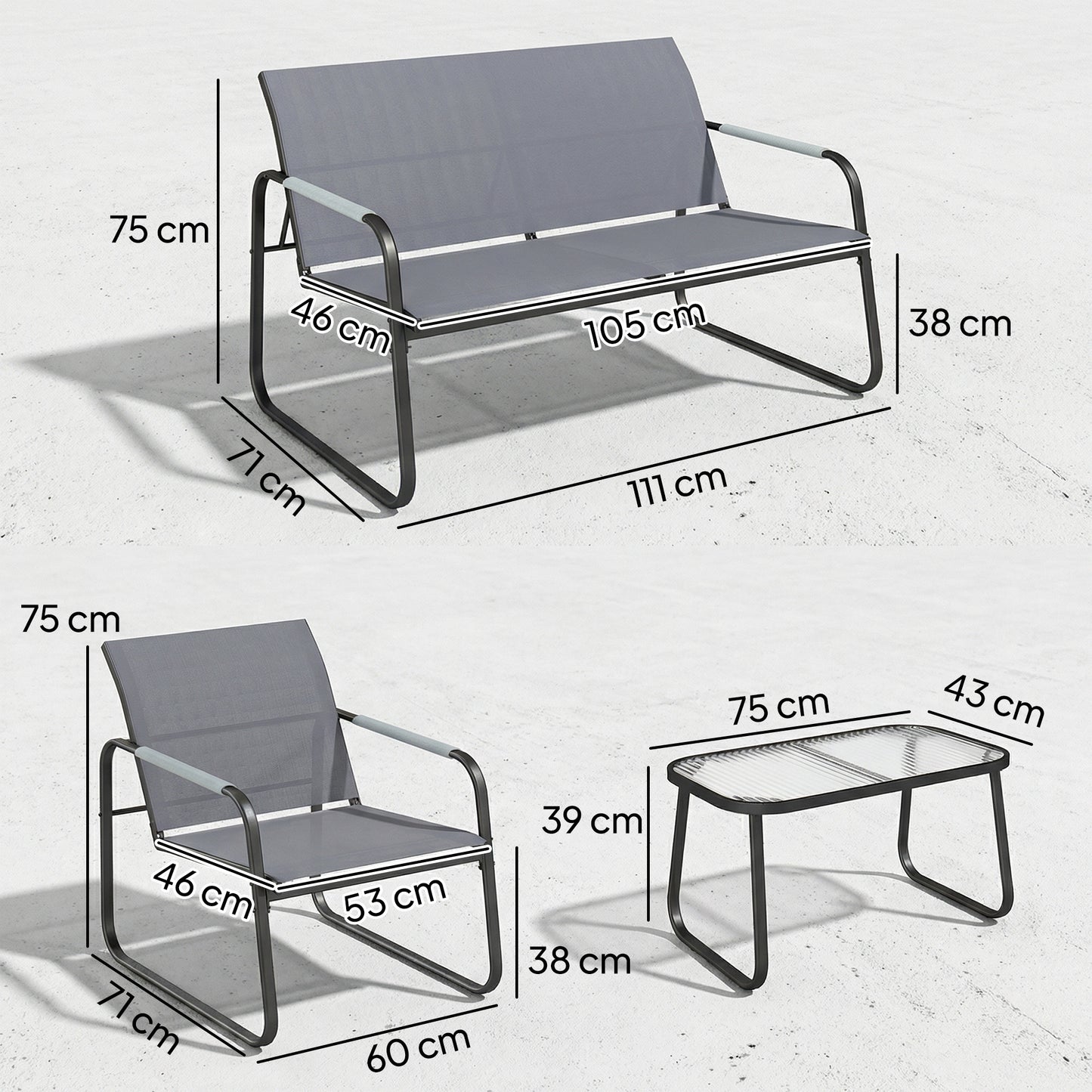 4 Piece Garden Furniture Set, Garden Sofa Set with Loveseat, 2 Armchairs, Tempered Glass Table for Balcony, Grey