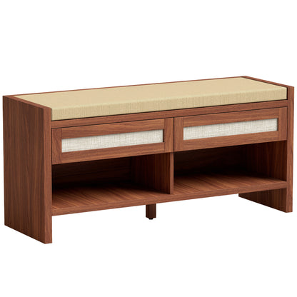 Boho Shoe Bench with 2 Rattan Drawers, Shoe Storage Bench with Cushioned Seat and Open Shelf Brown