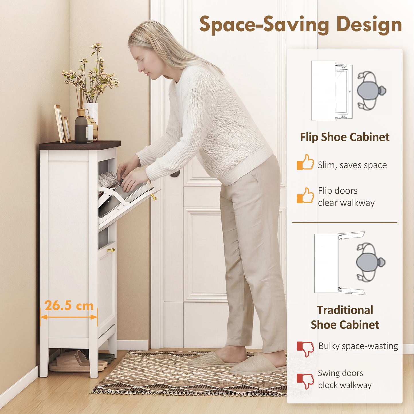 Shoe Cabinet with 2 Flip Drawers, Farmhouse Narrow Shoe Storage Cabinet with Adjustable Shelves, White