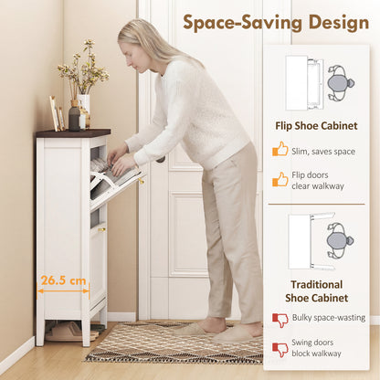 Shoe Cabinet with 2 Flip Drawers, Farmhouse Narrow Shoe Storage Cabinet with Adjustable Shelves, White
