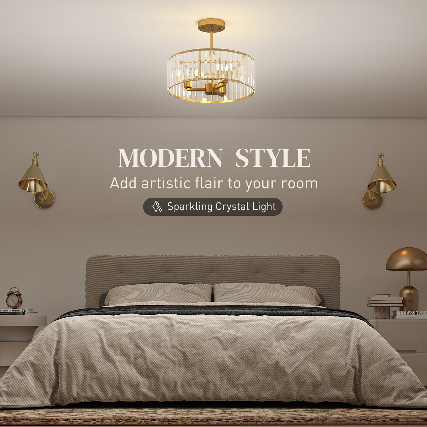 Crystal Ceiling Light Fixture, 39 cm Semi Flush Mount Modern Crystal Chandelier Ceiling Light for Living Room, Bedroom