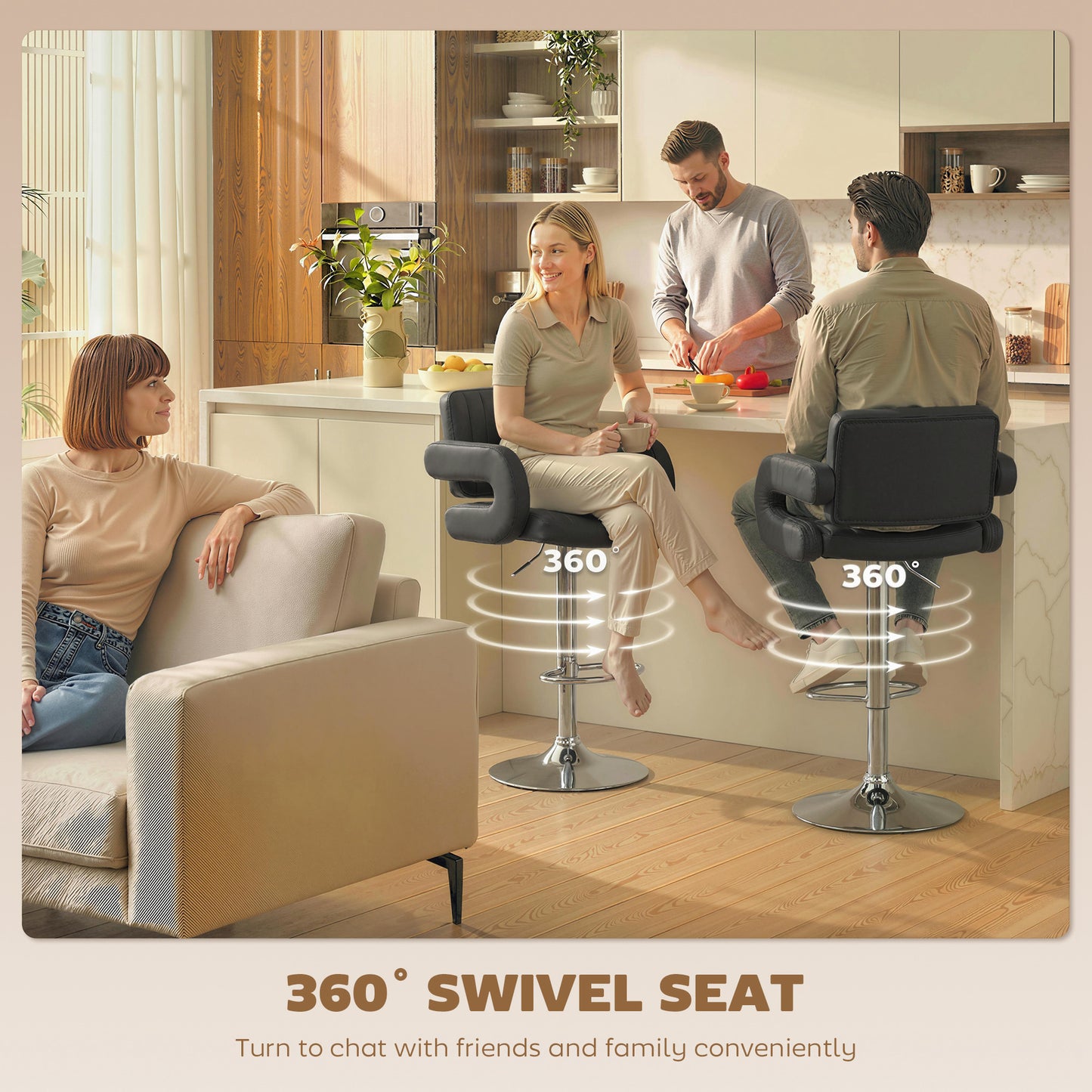 Bar Stools Adjustable Swivel Kitchen Chairs with Backrest Armrest Set of 2 PU Leather Black
