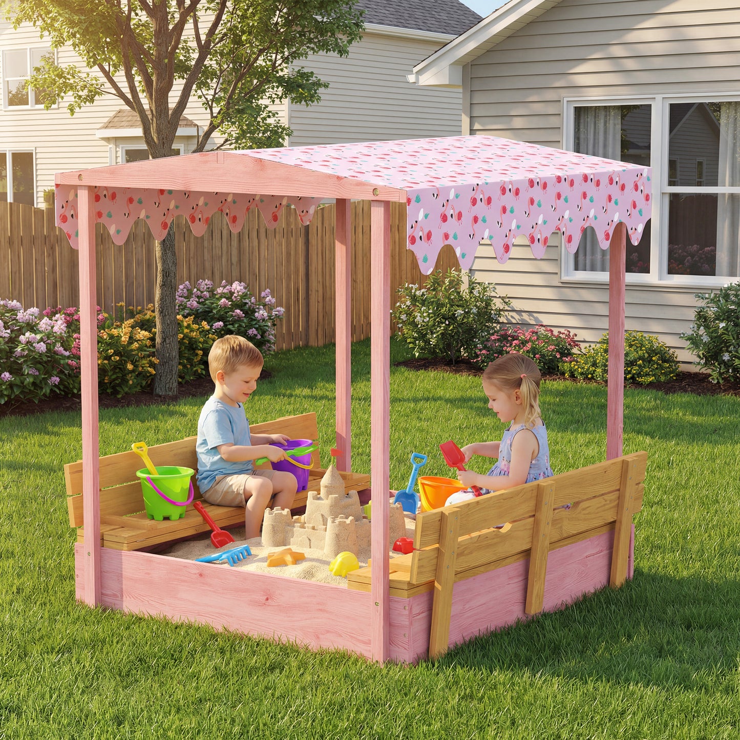 Wooden Sandbox with Lid, Flamingos Print Canopy, Kids Outdoor Sand Pit with Foldable Bench Seats, Bottom Liner, Pink