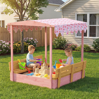 Wooden Sandbox with Lid, Flamingos Print Canopy, Kids Outdoor Sand Pit with Foldable Bench Seats, Bottom Liner, Pink