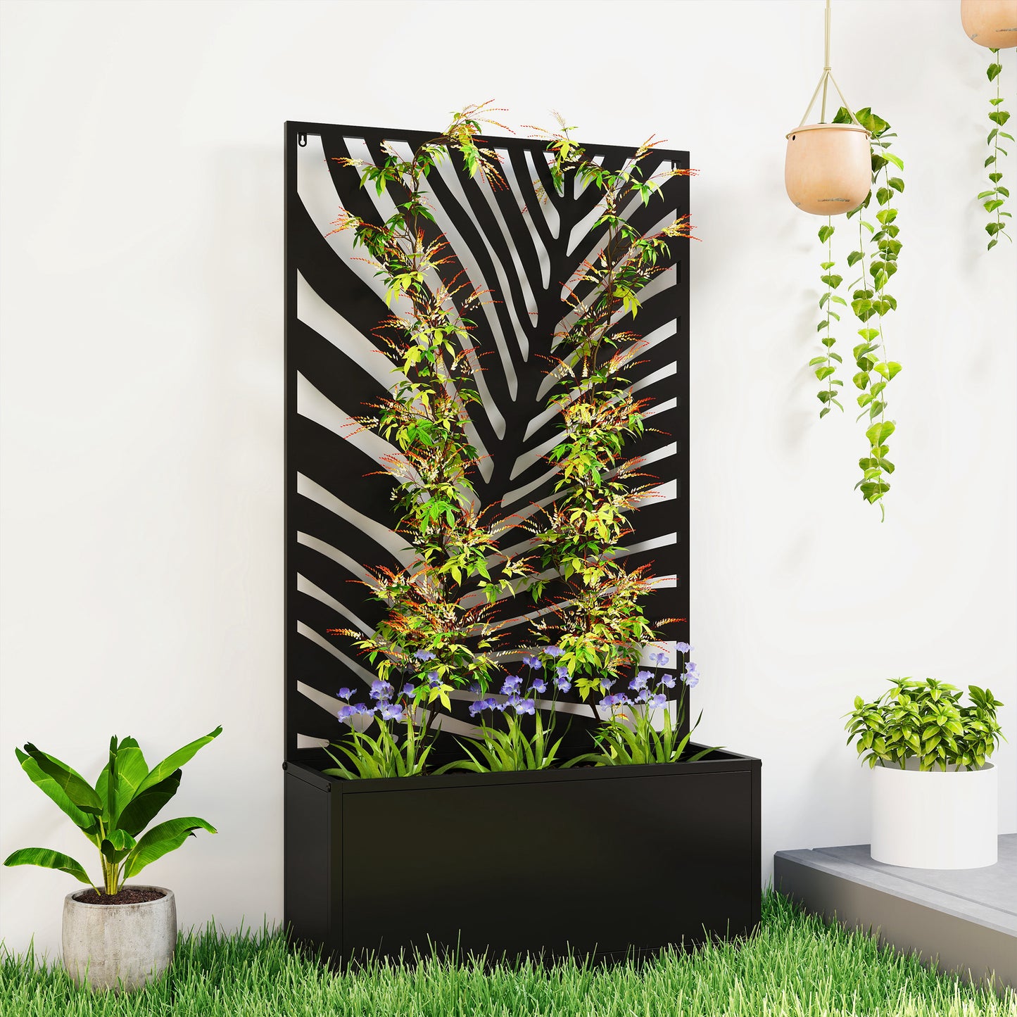 Metal Garden Bed for Garden with Trellis, Wall Mounted or Freestanding Raised Planter with Privacy Screen