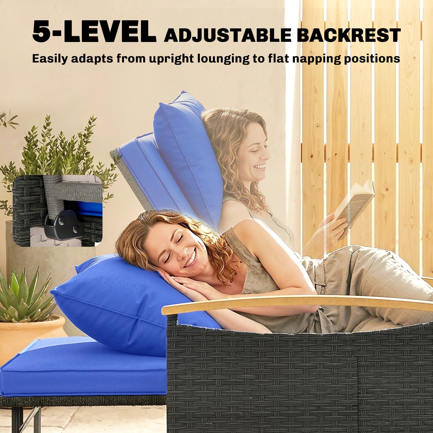 Double Garden Rattan Daybed, Wicker Sun Bed Chaise Lounger with Storage Ottoman, 4-Level Adjustable Backrest, Brown