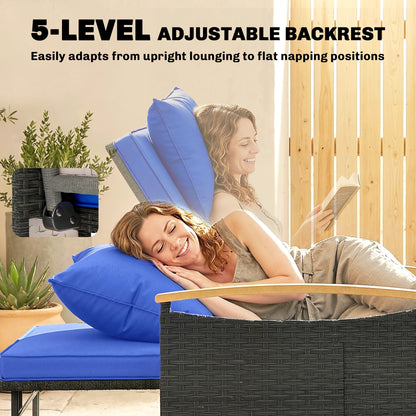 Double Garden Rattan Daybed, Wicker Sun Bed Chaise Lounger with Storage Ottoman, 4-Level Adjustable Backrest, Brown