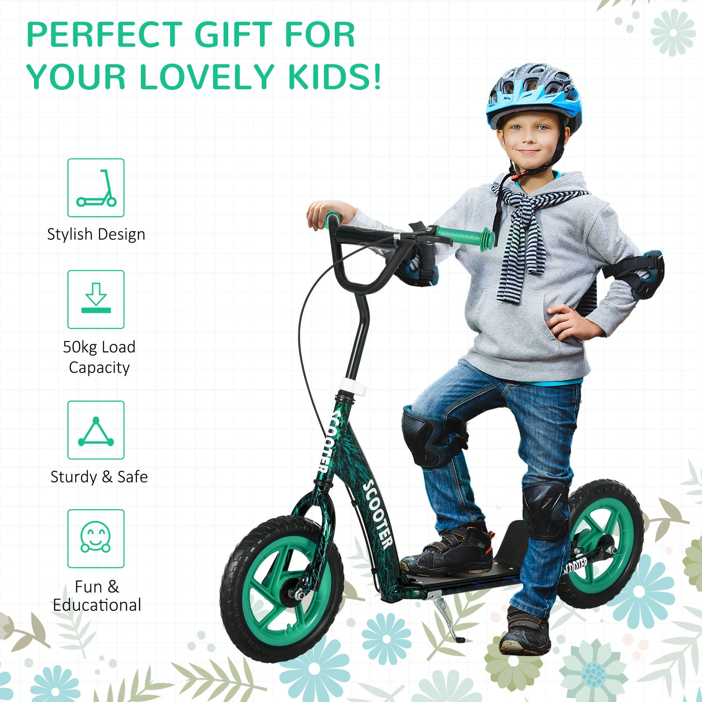 Kids Scooter with Adjustable Handlebar, Children's Kick Scooter with Non-slip Footplate, Rear Brake, Kickstand, Green