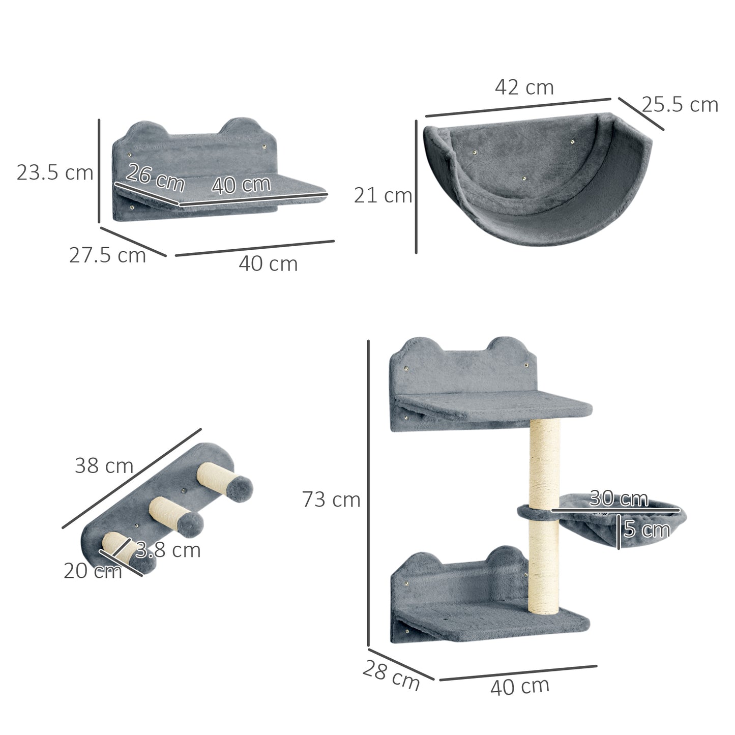 4PCs Wall-Mounted Cat Shelves w/ Scratching Post, Hammock, Nest - Grey