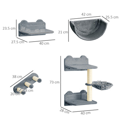 4PCs Wall-Mounted Cat Shelves w/ Scratching Post, Hammock, Nest - Grey