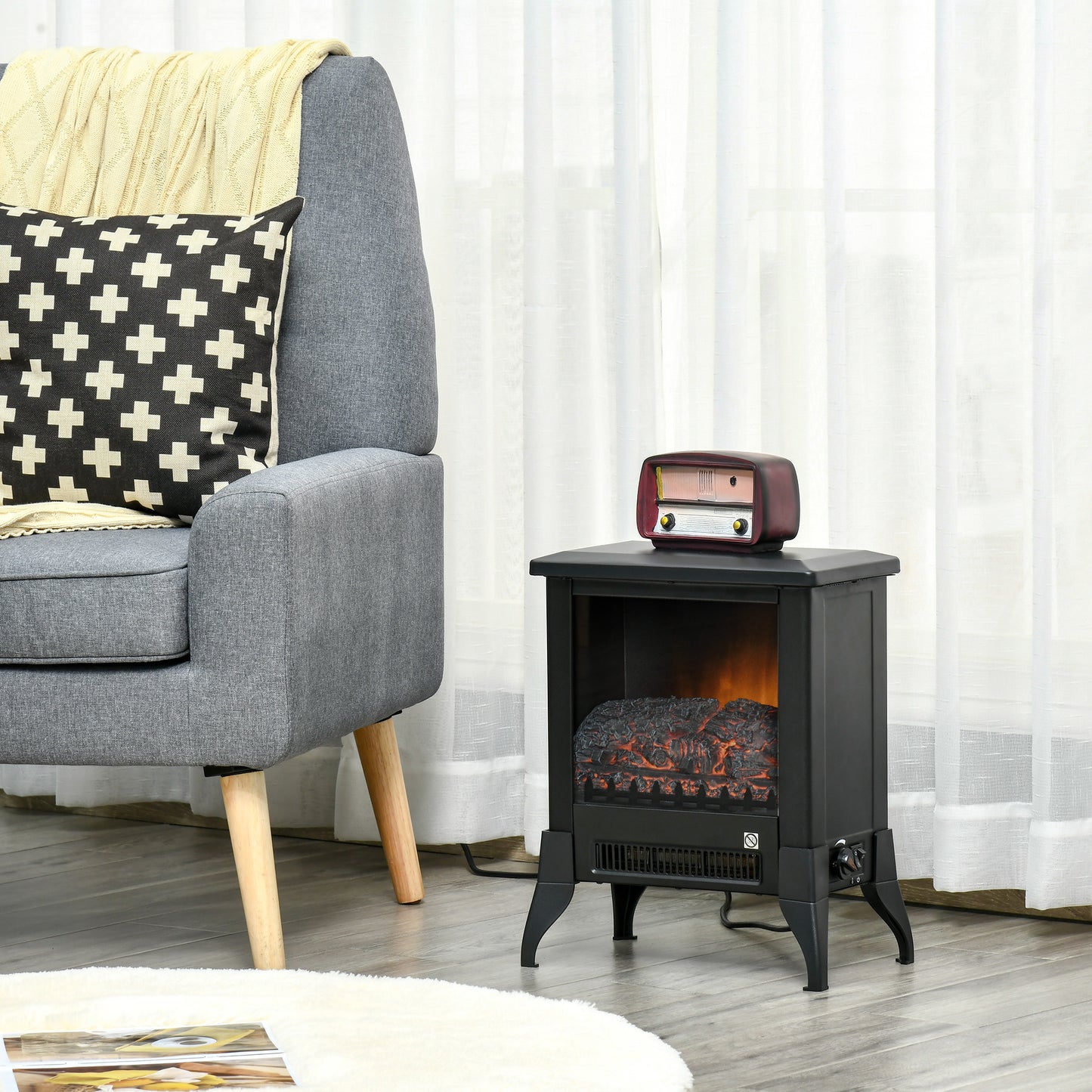 Electric Fireplace Stove, Free Standing Fireplace Heater with Realistic Flame Effect, Dual Power Settings (1800-2000W)
