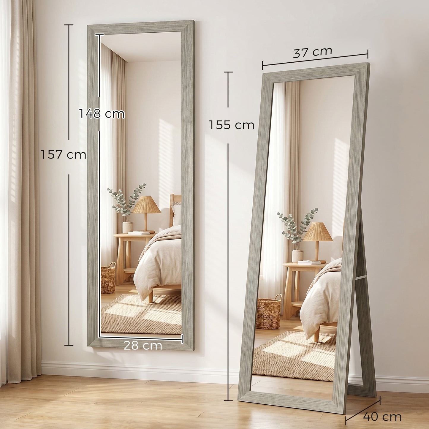 Full Length Mirror, 37 x 157 cm, Hanging or Freestanding, Rectangular Full Body Mirror for Living Room, Bedroom, Grey