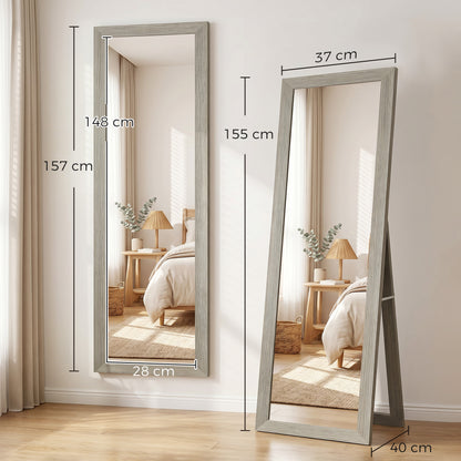 Full Length Mirror, 37 x 157 cm, Hanging or Freestanding, Rectangular Full Body Mirror for Living Room, Bedroom, Grey